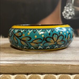 Handcrafted Wood Floral Teal and Yellow Bangle